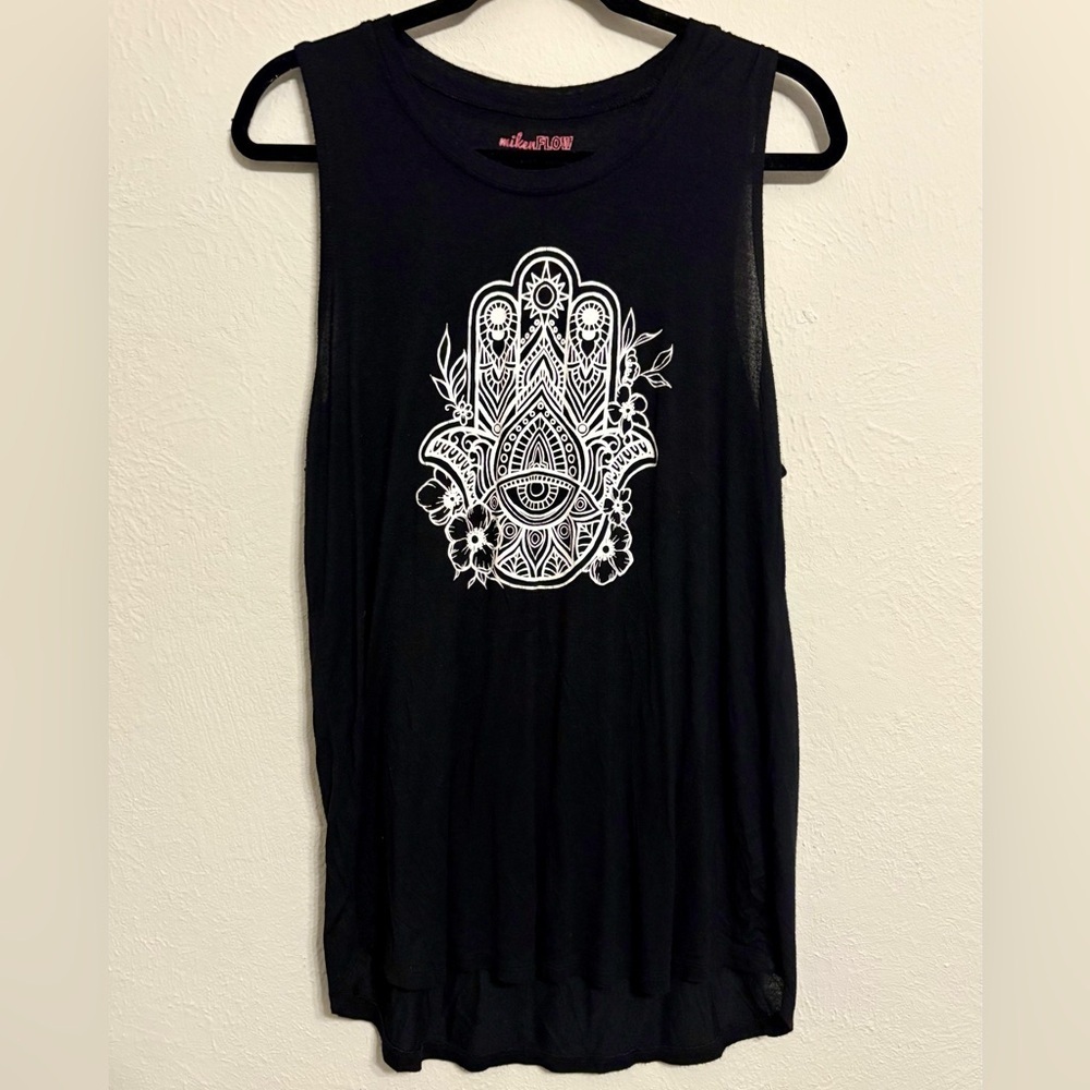 Miken Black Sleeveless Top with White Hamsa Design